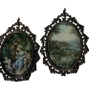 2 vintage Bubble Glass  Italian brass oval ornate frames